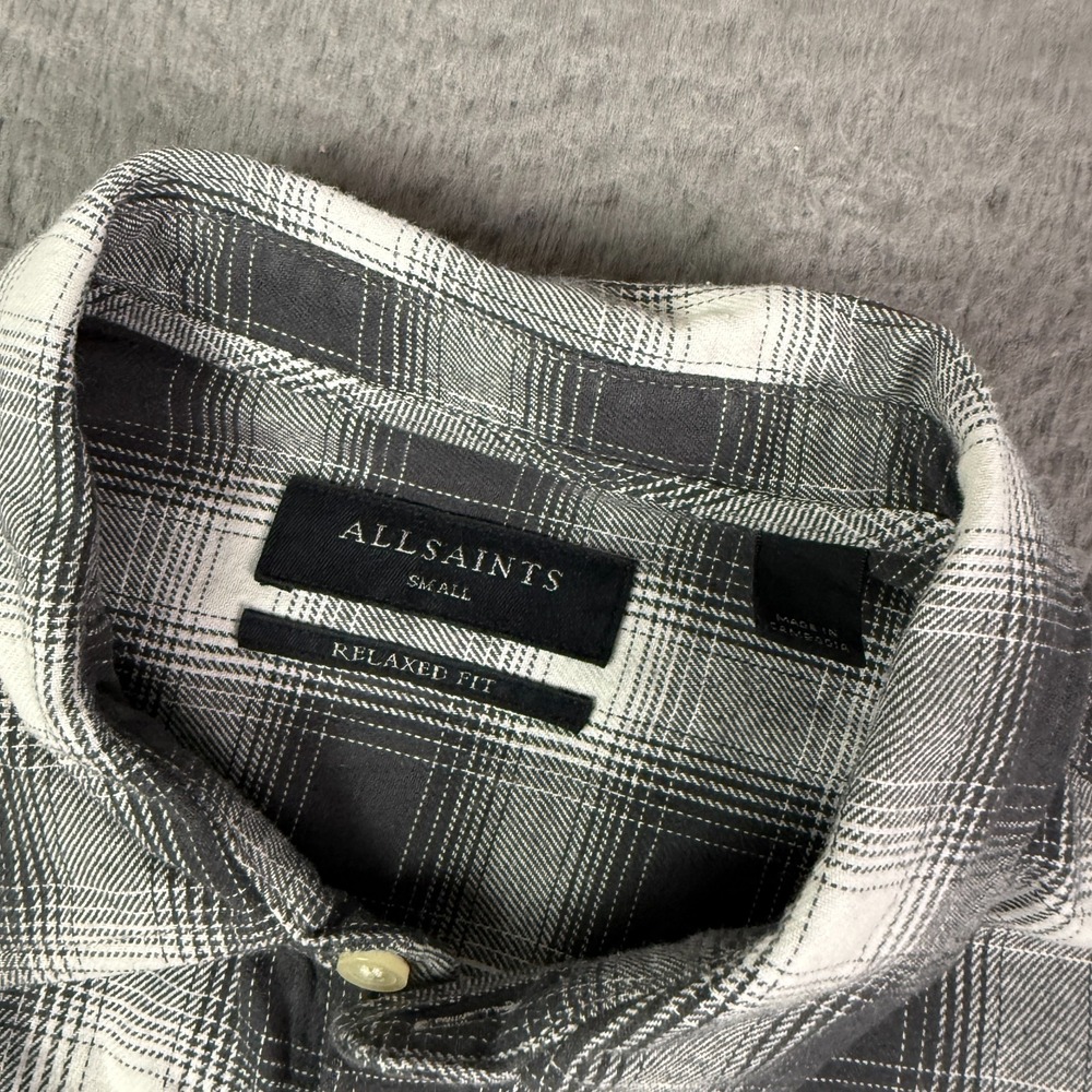 AllSaints Malpaso LS Shirt Mens S Gray White Shadow Plaid Flannel Button - Picture 3 of 9